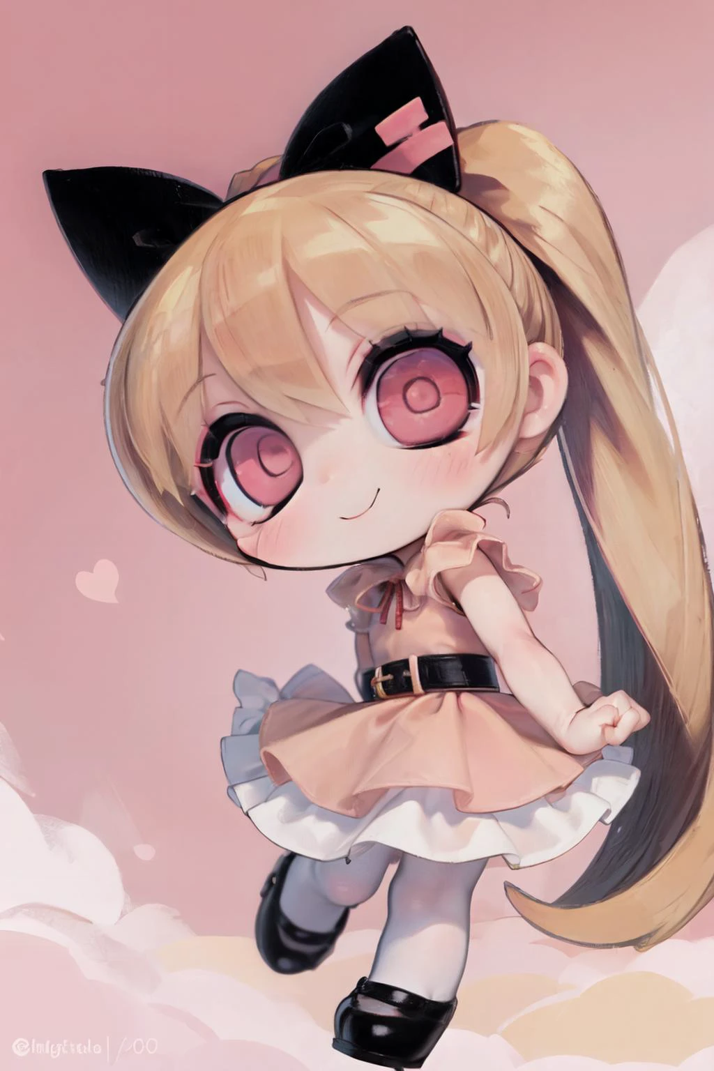 dynamic ungle,(best quality, masterpiece, RAW photo,ultra-detailed:1.2), 1girl, solo, looking at viewer, chibi, powerpuff girls,
(pink dress), long blonde hair, ponytail,(red hair ribbon, big ribbon), pink eyes,
<lyco:Powerpuff:0.75>Blossom, black belt, white tights, mini skirt, black shoes, smile,