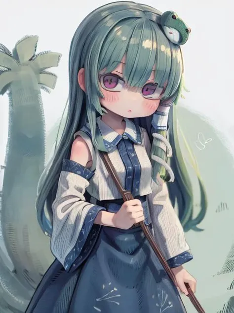 kochiya sanae,hair tubes,frog hair ornament,snake hair ornament,shirt,long sleeves,wide sleeves,blue skirt,green hair,<lora:touhou_kochiya:1>,(kawaii, cute young teenager:1),(masterpiece, best quality:1.2)