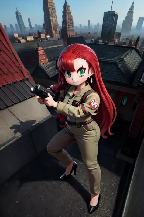 (masterpiece, best quality;1.3), extremely detailed ,ultra detailed, 1girl, solo, smile,
<lora:Ghostbuster:0.6>ghostbuster uniform,protopack, mikm,
, newyork city, <lora:MiKmv1-1500b:0.75> standing, fighting stance, from above,
earrings, green_eyes, high_heels, jewelry, long_hair, red hair, roof top, many towers, many houses,