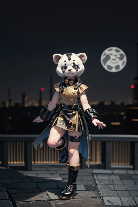 portrait, a cyborg male panda boy, furry, standing, rooftop, mechanical fist, mechanical boots, standing on one leg, mechanical parts, proud, looking afar, beautiful detailed eyes, city below, city lights, BREAK, (masterpiece, best quality:1.1), intricate details, night, starry sky,