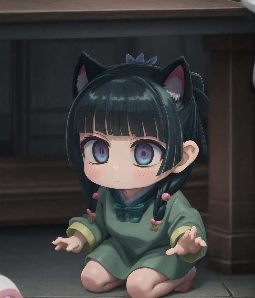 Maomao, solo, 1girl, chibi, cat ear, kawa, urprise, [screenshots::0.5], half updo, barefoot, 
<lora:kusuriya_EP01to03-bundle-30000:0.95>