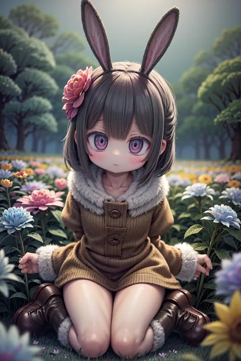 (masterpiece, best quality), (1girl), rabbit ears, fur clothes, fur boots, ultra detailed, cinematic lighting, intricate details, colorful butterflies, (warm light), (specular light:1.2), (flower field background:1.4),