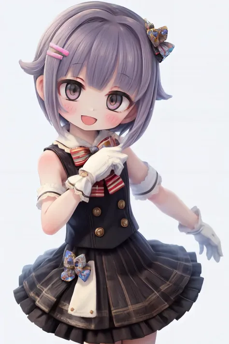 (8k, RAW photo, best quality, masterpiece:1.2), (hyper realisitc texture skin), ultra-detailed, instagram,
Koshimizu Sachiko,
short hair, 1girl, solo, brown eyes, purple hair, smile, open mouth, hair ornament, looking at viewer, blush, :d, hairclip, skirt, jewelry, dress, white background, frills, bow, gloves
,bust shot, idol live stage,
<lyco:deresute-v1.2:0.76>