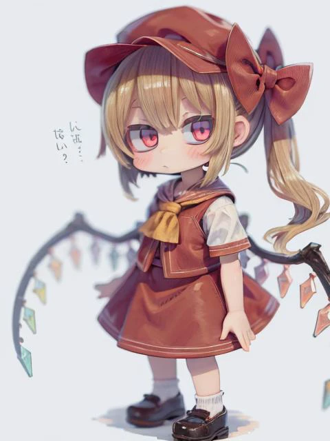 (kawaii, cute young teenager:1),(masterpiece, best quality:1.2), 1girl,blonde hair,Voluminous hair,Thick hair,Dense hair,mob cap,hair bow,bowtie,side ponytail,wings,short sleeves,vest,ascot,red clothes,red hat,<lora:flandre:0.5>
