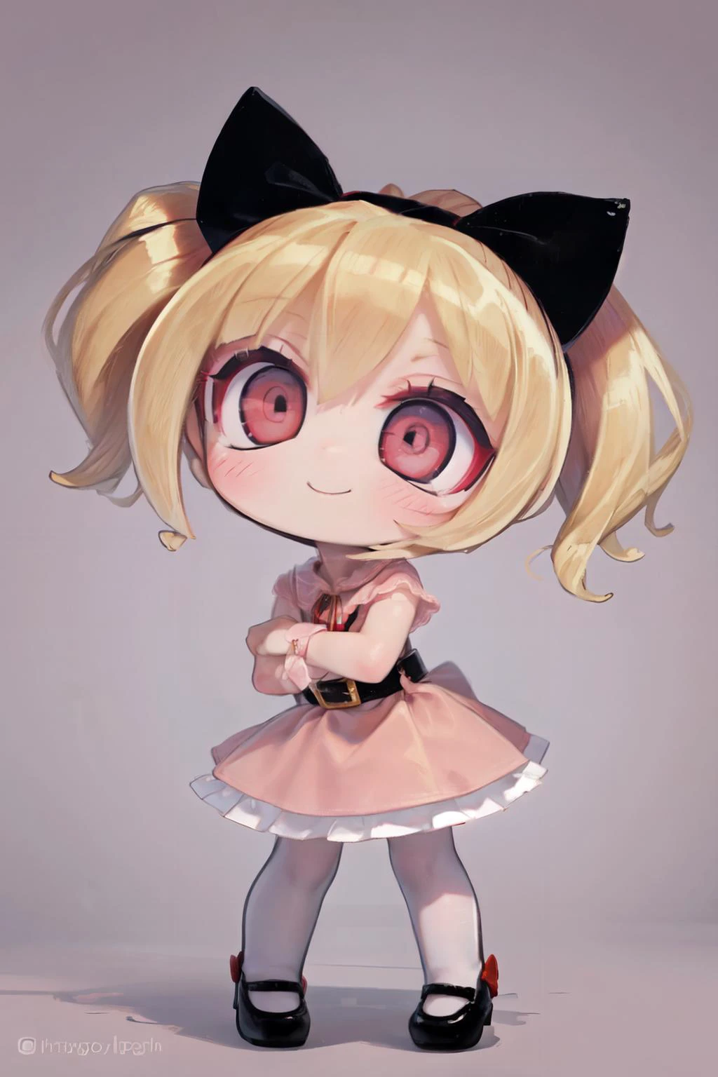 dynamic ungle,(best quality, masterpiece, RAW photo,ultra-detailed:1.2), 1girl, solo, looking at viewer, chibi, powerpuff girls,
(pink dress), long blonde hair, ponytail,(red hair ribbon, red big ribbon), pink eyes,
<lyco:Powerpuff:0.73>Blossom, black belt, white tights, mini skirt, black shoes, smile,