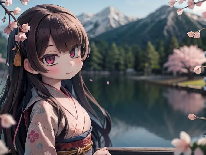 high resolution,masterpiece, best quality, 1girl ,charcoal,fantasy view, close-up, cowboy shot, long hair,eyeliner,smile,kimono, falling petals, cherry-blossoms, wind, <lora:flat2:-0.2> lake, from side,mountain, landscape, depth of field,