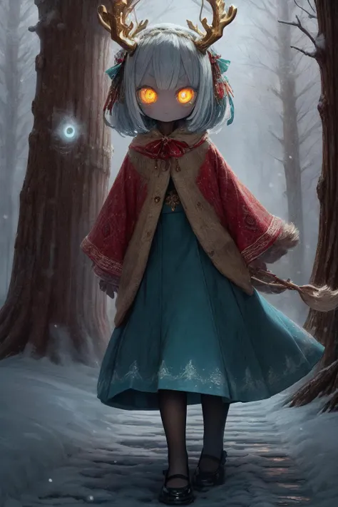 A monster girl,1girl, electric white hair, deer ears ,deer tail, forest, curious expression, soft fur,forest environment,mysterious enchanting atmosphere,(long skirt:1.5) ,(yellow pantyhose stocking:1.2)<lora:detail_slider_v4:2> ,magical, winter, realm, snow falls,enchanted landscape, fantasy scene,wonders, cool hues,snowflakes,walking, trail, snowy, surrounded snow covered, trees, fantastical, creatures, soft winter light,wonderland, fantasy world,beauty,(gold eyes:1.4),(deer:1),(face close up:1.3),(deer horns),(Snowy eyebrows), yellow detailed eyes,big eyes, detailed pupils, hdr shadows, dark spirits , horror background, shadow monsters, creepy monsters,, horror \(theme\),extra eyes,<lora:insanevoid2:1> , <lora:Gloomifier_V2_TheGlow:1.> <lora:christmas_test:1.5>