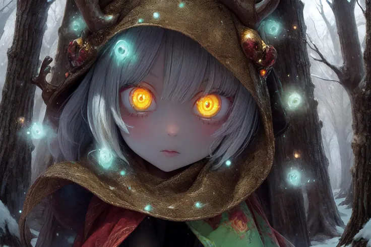 A monster girl,1girl, electric white hair, deer ears ,deer tail, forest, curious expression, soft fur,forest environment,mysterious enchanting atmosphere,(long skirt:1.5) ,(yellow pantyhose stocking:1.2)<lora:detail_slider_v4:2> ,magical, winter, realm, snow falls,enchanted landscape, fantasy scene,wonders, cool hues,snowflakes,walking, trail, snowy, surrounded snow covered, trees, fantastical, creatures, soft winter light,wonderland, fantasy world,beauty,(gold eyes:1.4),(deer:1),(face close up:1.3),(deer horns),(Snowy eyebrows), yellow detailed eyes,big eyes, detailed pupils, hdr shadows, dark spirits , horror background, shadow monsters, creepy monsters,, horror \(theme\),extra eyes,<lora:insanevoid2:1> , <lora:Gloomifier_V2_TheGlow:1.> <lora:christmas_test:1.5>