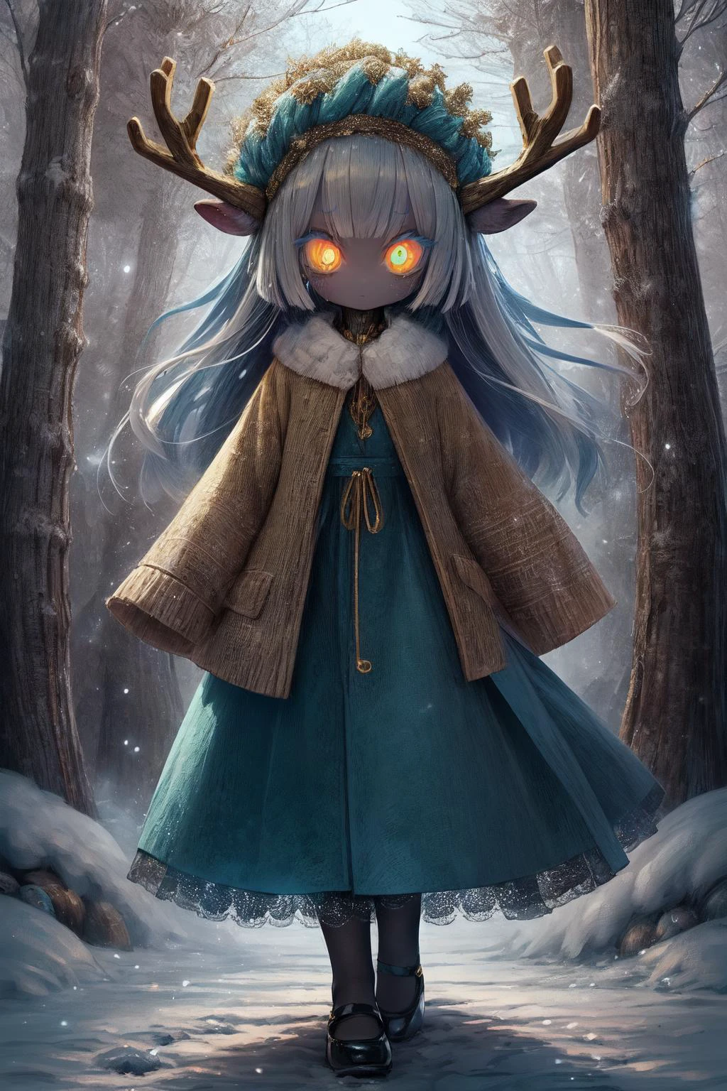 A monster girl,1girl, electric white hair, deer ears ,deer tail, forest, curious expression, soft fur,forest environment,mysterious enchanting atmosphere,(long skirt:1.5) ,(yellow pantyhose stocking:1.2)<lora:detail_slider_v4:2> ,magical, winter, realm, snow falls,enchanted landscape, fantasy scene,wonders, cool hues,snowflakes,walking, trail, snowy, surrounded snow covered, trees, fantastical, creatures, soft winter light,wonderland, fantasy world,beauty,(gold eyes:1.4),(deer:1),(face close up:1.3),(deer horns),(Snowy eyebrows), yellow detailed eyes,big eyes, detailed pupils, hdr shadows, dark spirits , horror background, shadow monsters, creepy monsters,, horror \(theme\),extra eyes,<lora:insanevoid2:1> , <lora:Gloomifier_V2_TheGlow:1.> <lora:christmas_test:1.5>