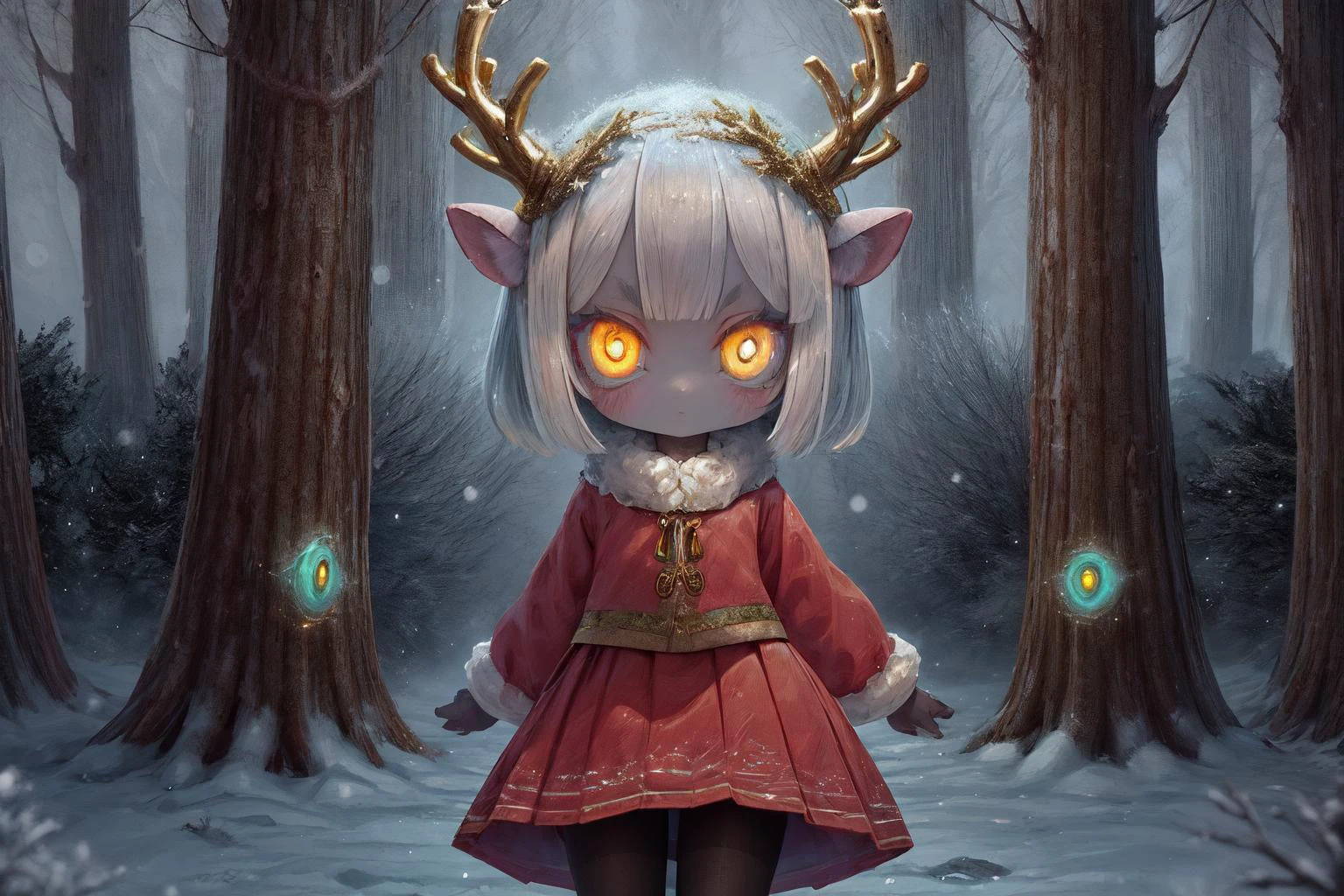 A monster girl,1girl, electric white hair, deer ears ,deer tail, forest, curious expression, soft fur,forest environment,mysterious enchanting atmosphere,(long skirt:1.5) ,(yellow pantyhose stocking:1.2)<lora:detail_slider_v4:2> ,magical, winter, realm, snow falls,enchanted landscape, fantasy scene,wonders, cool hues,snowflakes,walking, trail, snowy, surrounded snow covered, trees, fantastical, creatures, soft winter light,wonderland, fantasy world,beauty,(gold eyes:1.4),(deer:1),(face close up:1.3),(deer horns),(Snowy eyebrows), yellow detailed eyes,big eyes, detailed pupils, hdr shadows, dark spirits , horror background, shadow monsters, creepy monsters,, horror \(theme\),extra eyes,<lora:insanevoid2:1> , <lora:Gloomifier_V2_TheGlow:1.> <lora:christmas_test:1.5>