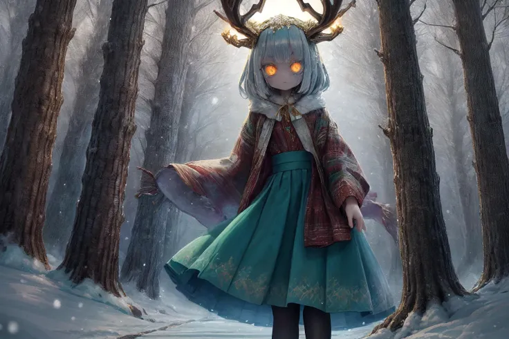 A monster girl,1girl, electric white hair, deer ears ,deer tail, forest, curious expression, soft fur,forest environment,mysterious enchanting atmosphere,(long skirt:1.5) ,(yellow pantyhose stocking:1.2)<lora:detail_slider_v4:2> ,magical, winter, realm, snow falls,enchanted landscape, fantasy scene,wonders, cool hues,snowflakes,walking, trail, snowy, surrounded snow covered, trees, fantastical, creatures, soft winter light,wonderland, fantasy world,beauty,(gold eyes:1.4),(deer:1),(face close up:1.3),(deer horns),(Snowy eyebrows), yellow detailed eyes,big eyes, detailed pupils, hdr shadows, dark spirits , horror background, shadow monsters, creepy monsters,, horror \(theme\),extra eyes,<lora:insanevoid2:1> , <lora:Gloomifier_V2_TheGlow:1.> <lora:christmas_test:1.5>