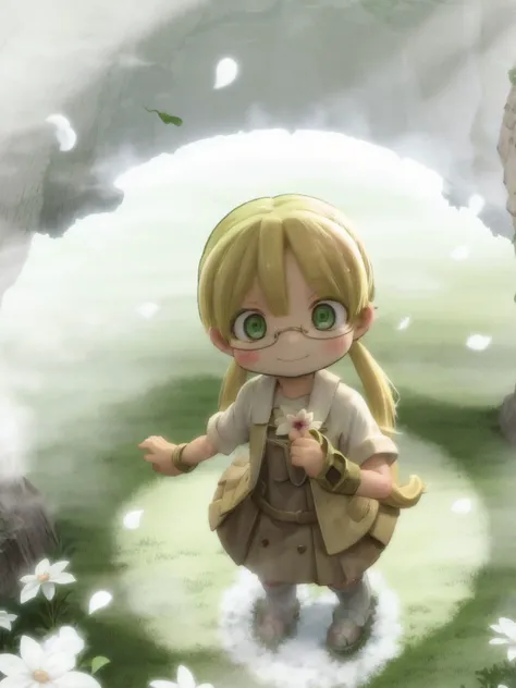 riko (made in abyss), (blonde hair:1.2), glasses, twintails, green eyes, dynamic pose, happy, <lora:lora:0.9>,
solo, standing, smile, looking up, view from above, (white petals:1.2) in the air, wind blow, looks at the falling petals,  <lora:abyssV1.3-000010_1_BODY2:0.8> , abyss style