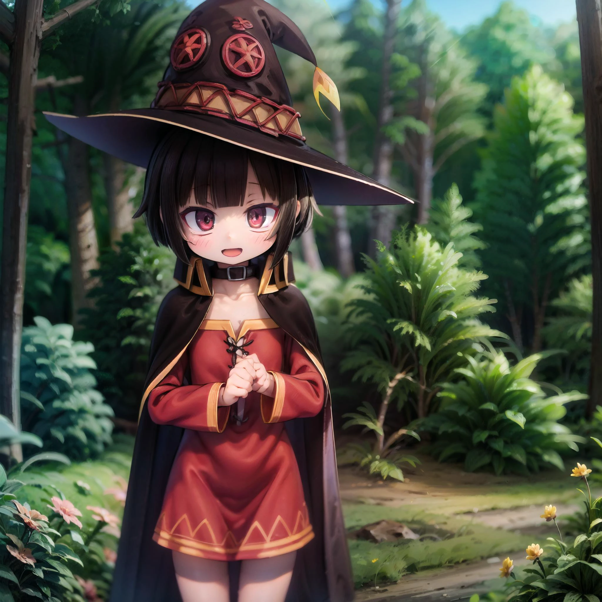 (Masterpiece,Best quality,8k,4k, high resolution, detailed skin, detailed hair:1.2), (fantasy,animated:1.2),
1girl, solo,outdoors, sunlight,skinny, light smile,solo focus,child, open mouth,
cowboy shot, detailed background,Forest
black hair, short hair, red eyes, bare shoulders,megu hat, megu cape, megu dress,
by megumin
, <lora:Megumin-KJ:0.8> <lora:VancouverOGForest:0.8>