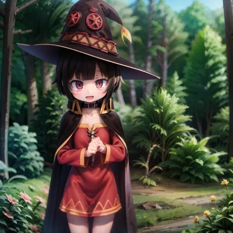 (Masterpiece,Best quality,8k,4k, high resolution, detailed skin, detailed hair:1.2), (fantasy,animated:1.2),
1girl, solo,outdoors, sunlight,skinny, light smile,solo focus,child, open mouth, 
cowboy shot, detailed background,Forest
black hair, short hair, red eyes, bare shoulders,megu hat, megu cape, megu dress,
by megumin
, <lora:Megumin-KJ:0.8> <lora:VancouverOGForest:0.8>