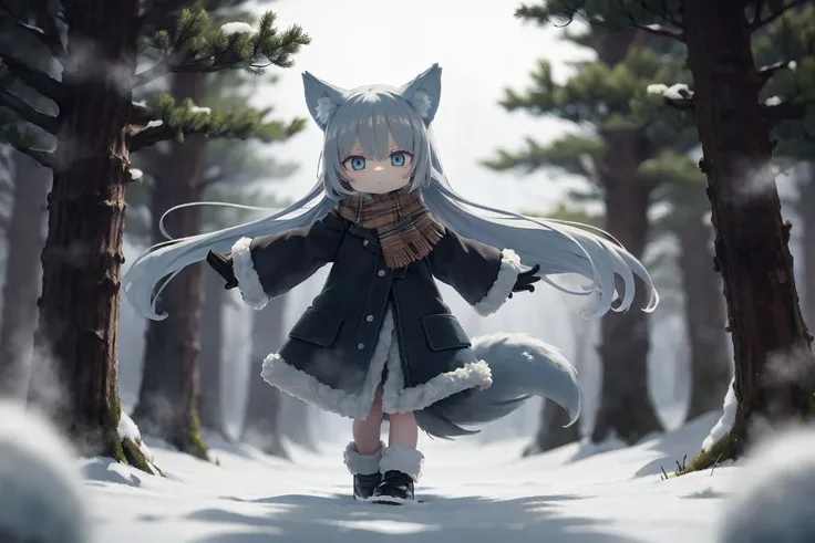 snowy,spruce forest,pine trees,snowflakes,cold weather,ground covered with snow,
solo,1girl,
standing,
long hair,fluffy wolf ears,
blue eyes,
Exhale,open mouth,
expressionless,
fluffy fur coat,wide sleeves,warm wool scarf,fluffy gloves,wolf tail,Exhale the vapo,(steam:1.2),
BREAK
sun glare, bokeh, depth of field,light particles, strong wind,