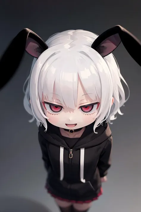 (from above:1.2),upper body,
solo,1girl, standing,arms behind back,
white hair,wavy hair,short hair,
red eyes,(half-closed eyes:1.2),
evil smirk,(\:D:1.2),
collarbone,long sleeves,rabbit ears hooded jacket,black choker, thighhighs,zettai ryouiki