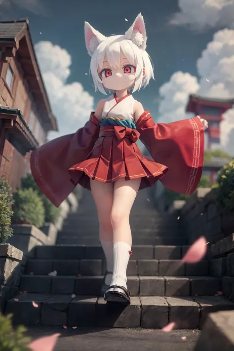 fox girl,
short hair,white hair,wolf ears,
red eyes,
expressionless,
detached sleeves,long sleeves,wide sleeves,white kimono,red hakama pleated miniskirt,tail,
BREAK
sun glare, bokeh, depth of field,light particles, strong wind,
sky,Shrine, stone stairs, falling cherry petals,