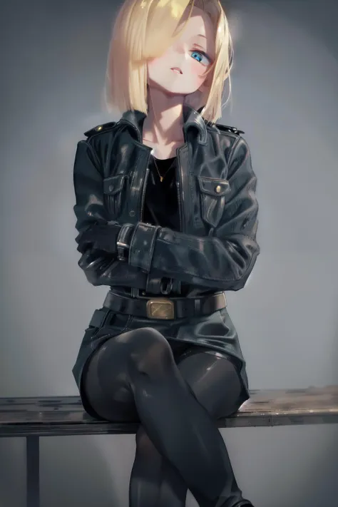 masterpiece, best quality, high contrast, soft light, sharp focus, 1girl, blonde short hair, blue jacket, skirt, black leggings, blue eyes, black gloves, lether belt, android 18, <lora:android1818DragonBall_v1:0.8>, perfect lighting, simple gradient background,sitting, detailed eyes, beautiful blue eyes