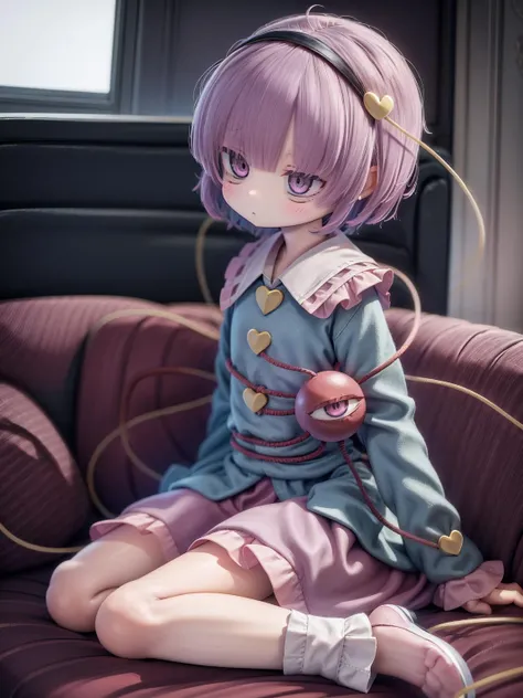 AS-YoungerV2,fullbody,kawaii,cute face,bangs,realistic,dynamic side lighting,(best quality,masterpiece,extremely detailed,hi res:1),indoors,sitting,sofa,1girl,solo,komeiji satori,1girl,ahoge, pink hair,pink eyes,short hair,hairband, frilled shirt collar,blue shirt,pink skirt,floral print,long sleeves, wide sleeves, sleeves past wrists,heart,third eye,eyeball, <lora:KomeijiSatori:1.0>