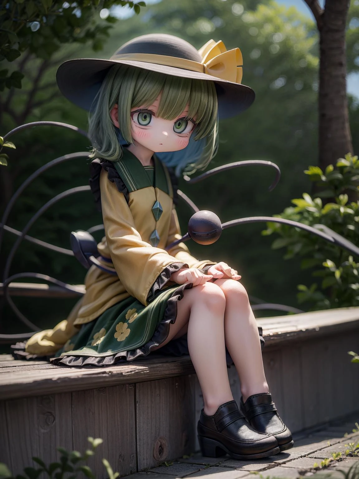 AS-YoungerV2,fullbody,kawaii,cute face,bangs,realistic,dynamic side lighting,(best quality,masterpiece,extremely detailed,hi res:1), outdoors,wild,sitting,hands on knees,1girl,solo,komeiji koishi,hat,hat bow,green hair,green eyes,yellow shirt,green skirt,long sleeves,wide sleeves,floral print, <lora:KomeijiKoishi:1.0>