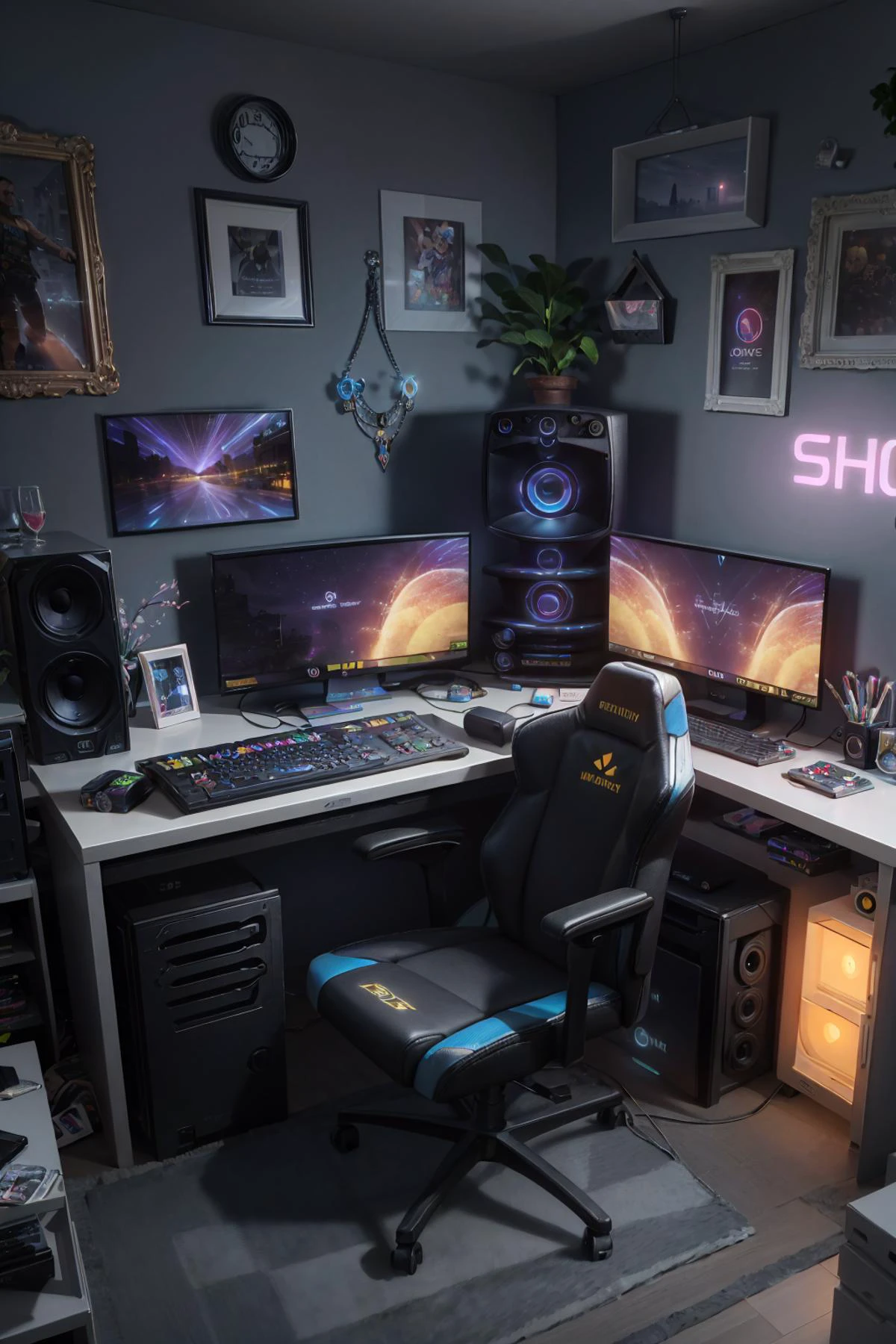 gameroomconcept, computer desktop monitor keyboard, rgb lighting, gaming chair, blue yellow light, pod, science fiction, elegant, bed room, gamepad, speaker, sound system, god of wars, <lora:ARWgameroomconcept:1>