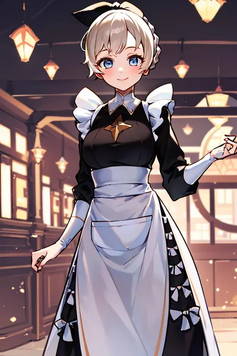 ((masterpiece,best quality)), absurdres,
<lora:Rosaline_AFK:0.9>, Rosaline_AFK, medium breasts, black dress, apron, 
solo, smiling, looking at viewer, cowboy shot, 
cinematic composition, dynamic pose,