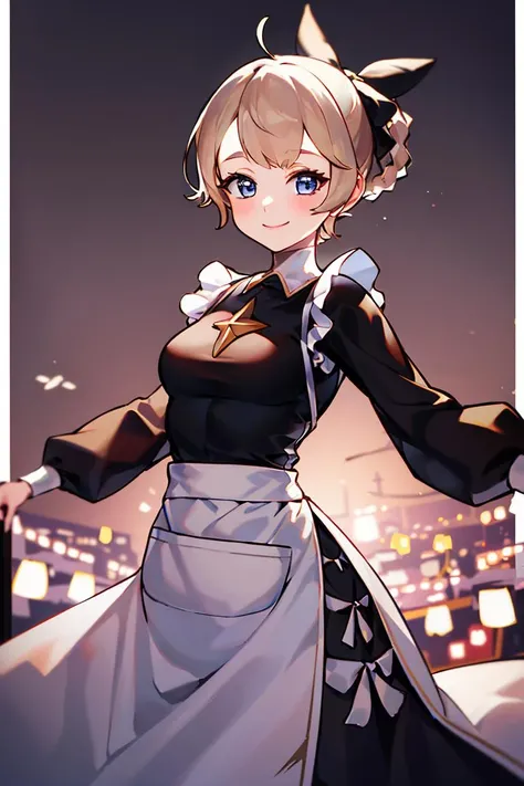 ((masterpiece,best quality)), absurdres,
<lora:Rosaline_AFK:0.9>, Rosaline_AFK, medium breasts, black dress, apron,
solo, smiling, looking at viewer, cowboy shot,
cinematic composition, dynamic pose,