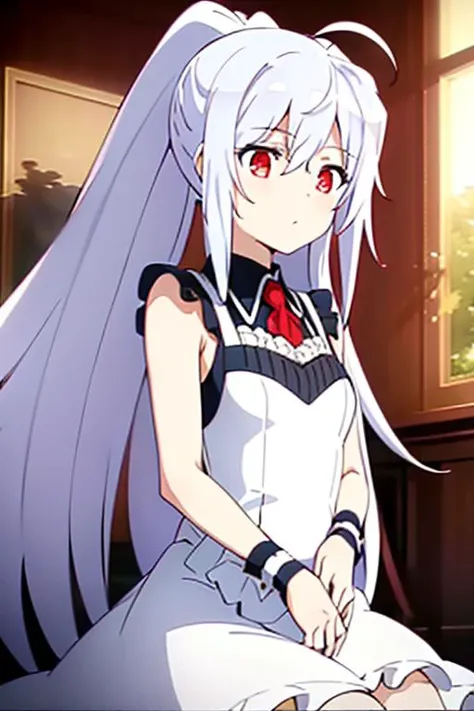 (masterpiece, best quality, hi-res:1.2),1girl, long hair, (ponytail), solo, red eyes, ahoge,maid,white hair, <lora:ailaLORA-000003:0.7>