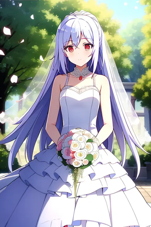 (masterpiece, best quality, hi-res:1.2),1girl, long hair, solo, red eyes, ahoge,(wedding dress),white hair, <lora:ailaLORA-000004:0.7>