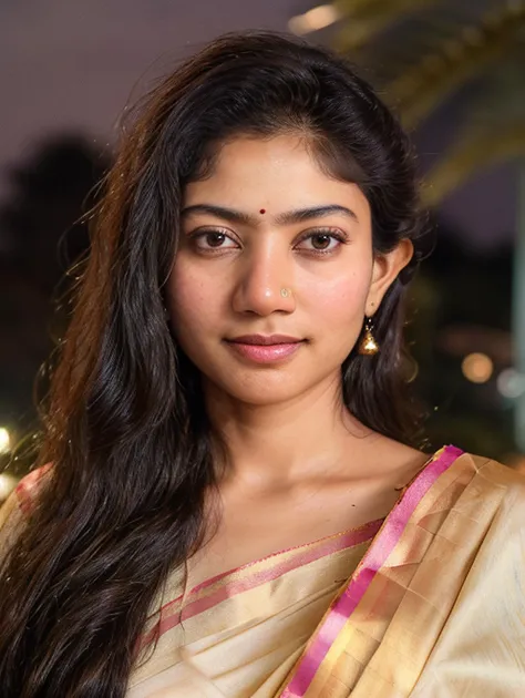 ultrarealistic hires close up photo of a 30-year-old sapa woman, outdoors, realistic skin texture, looking looking at camera, (satin_saree_blouse:1.2), tied up hair, night time, beautiful bokeh background <lora:sapa_Sai_Pallavi_SD15_LoRA_Adafactor-000002:1>