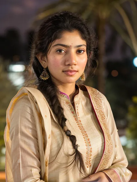 ultrarealistic hires close up photo of a 30-year-old sapa woman, outdoors, realistic skin texture, looking looking at camera, (salwar_kameez_dupatta:1.2), tied up hair, night time, beautiful bokeh background  <lora:sapa_Sai_Pallavi_SD15_LoRA_Adafactor-000002:1>