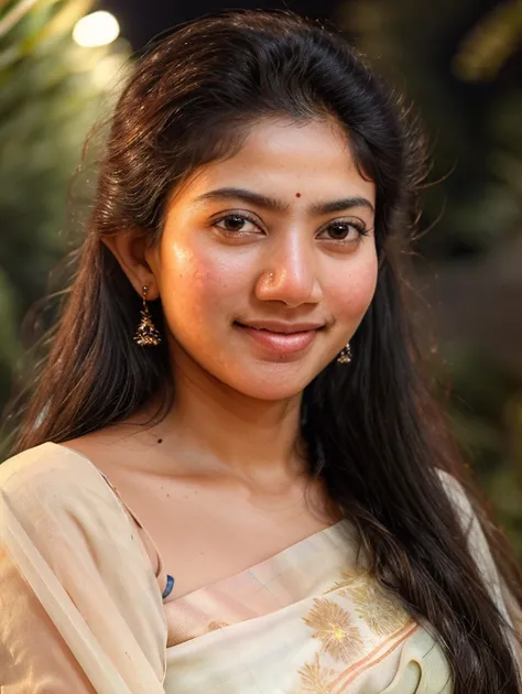 ultrarealistic hires close up photo of a 30-year-old sapa woman, outdoors, realistic skin texture, looking looking at camera, (Chiffon_saree_blouse:1.2), tied up hair, night time, smiling, beautiful bokeh background <lora:sapa_Sai_Pallavi_SD15_LoRA_Adafactor:1>