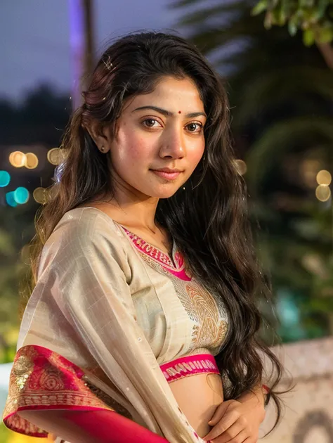 ultrarealistic hires close up photo of a 30-year-old sapa woman, outdoors, realistic skin texture, looking looking at camera, (Ghagra_choli:1.2), loose hair, night time, beautiful bokeh background <lora:sapa_Sai_Pallavi_SD15_LoRA_Adafactor-000002:1>