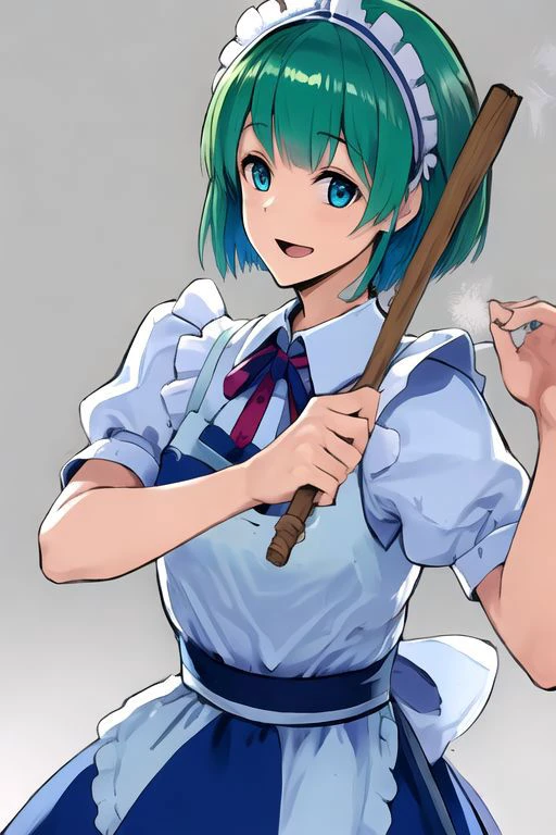 solo_focus, 1girl, (((masterpiece))), ((best quality)), ((ultra-detailed)), high resolution, absurdres, highres, ultra-detailed 8k unity wallpaper,
ruukoto, multi \(to heart\),
solo, 1girl, green_hair, maid_headdress, maid, smile, apron, short_hair, short_sleeves, puffy_short_sleeves, puffy_sleeves, blue_dress, dress, blue_eyes, maid_apron, open_mouth, white_apron, frills, waist_apron, ribbon, hairband, broom, yellow_eyes, :d, robot_joints,