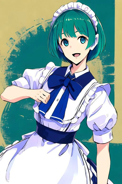 solo_focus, 1girl, (((masterpiece))), ((best quality)), ((ultra-detailed)), high resolution, absurdres, highres, ultra-detailed 8k unity wallpaper,
ruukoto, multi \(to heart\),
solo, 1girl, green_hair, maid_headdress, maid, smile, apron, short_hair, short_sleeves, puffy_short_sleeves, puffy_sleeves, blue_dress, dress, blue_eyes, maid_apron, open_mouth, white_apron, frills, waist_apron, ribbon, hairband, broom, yellow_eyes, :d,