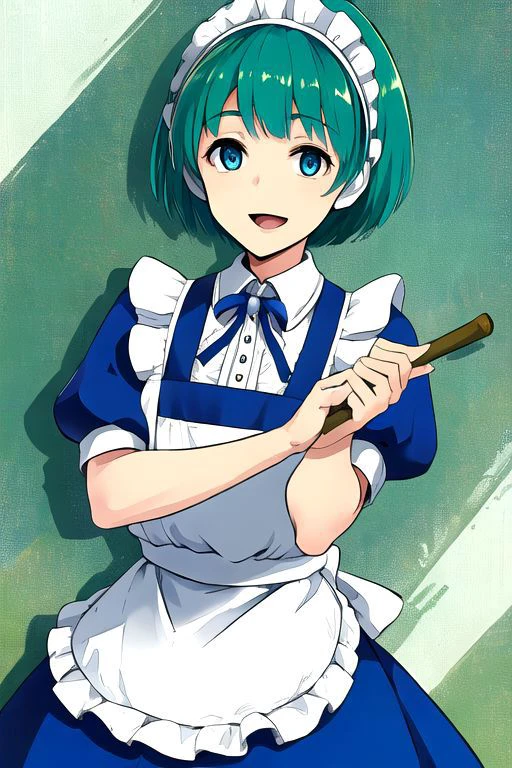 solo_focus, 1girl, (((masterpiece))), ((best quality)), ((ultra-detailed)), high resolution, absurdres, highres, ultra-detailed 8k unity wallpaper,
ruukoto, multi \(to heart\),
solo, 1girl, green_hair, maid_headdress, maid, smile, apron, short_hair, short_sleeves, puffy_short_sleeves, puffy_sleeves, blue_dress, dress, blue_eyes, maid_apron, open_mouth, white_apron, frills, waist_apron, ribbon, hairband, broom, yellow_eyes, :d, robot_joints,