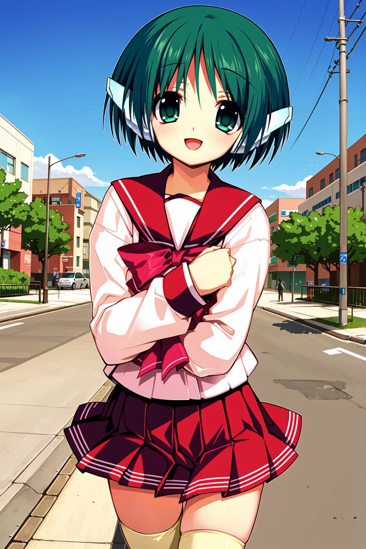 (masterpiece:1.2), best quality, ultra high resolution, unity 8k wallpaper, (illustration:1.0), (beautiful detailed eyes:1.6), extremely detailed face, perfect lighting, extremely detailed CG, (perfect hands,perfect anatomy), (dynamic angle and pose:1.3), nice angle, (1girl, solo:1.5), BREAK
multi \(to heart\), robot ears, green eyes, green hair, short hair, BREAK
school uniform, long sleeves, skirt, thighhighs, red skirt, pleated skirt, serafuku, android, BREAK
doyagao, smile, happy, open mouth, BREAK
(blue sky:1.3), (daytime:1.2), (Shibuya:1.1), (urban area:1.2), (outdoor:1.2),street,downtown, (walking:1.3),cowboy shot
