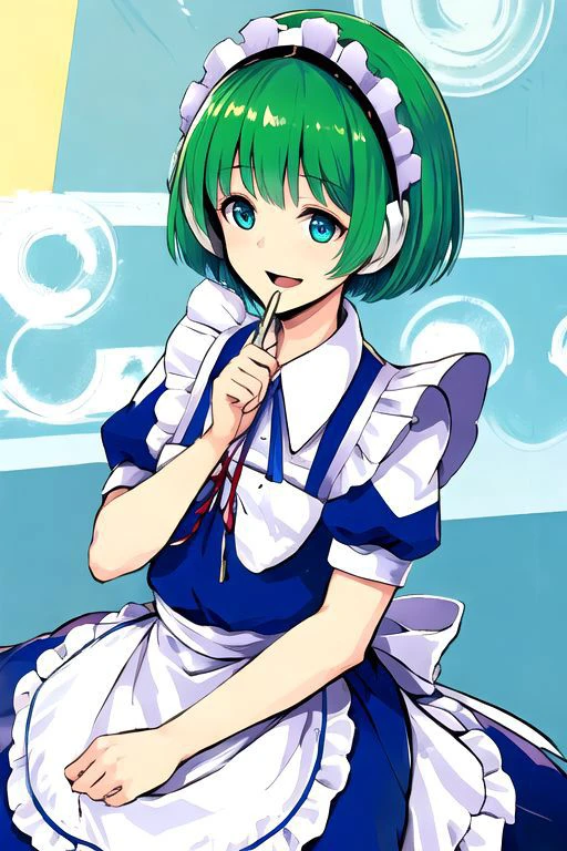 solo_focus, 1girl, (((masterpiece))), ((best quality)), ((ultra-detailed)), high resolution, absurdres, highres, ultra-detailed 8k unity wallpaper,
ruukoto, multi \(to heart\),
solo, 1girl, green_hair, maid_headdress, maid, smile, apron, short_hair, short_sleeves, puffy_short_sleeves, puffy_sleeves, blue_dress, dress, blue_eyes, maid_apron, open_mouth, white_apron, frills, waist_apron, ribbon, hairband, broom, yellow_eyes, :d, robot_joints,
