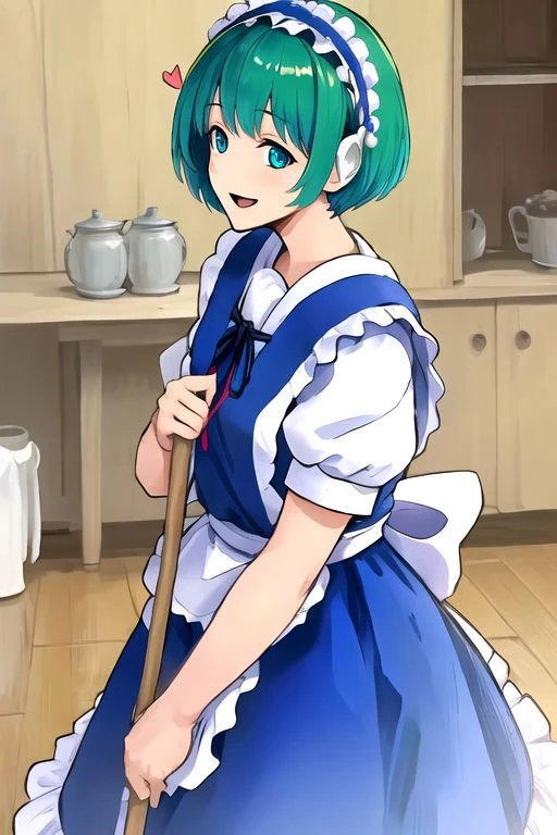 solo_focus, 1girl, (((masterpiece))), ((best quality)), ((ultra-detailed)), high resolution, absurdres, highres, ultra-detailed 8k unity wallpaper,
ruukoto, multi \(to heart\),
solo, 1girl, green_hair, maid_headdress, maid, smile, apron, short_hair, short_sleeves, puffy_short_sleeves, puffy_sleeves, blue_dress, dress, blue_eyes, maid_apron, open_mouth, white_apron, frills, waist_apron, ribbon, hairband, broom, yellow_eyes, :d, robot_joints,