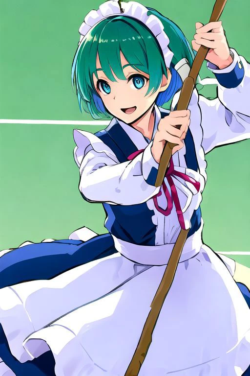solo_focus, 1girl, (((masterpiece))), ((best quality)), ((ultra-detailed)), high resolution, absurdres, highres, ultra-detailed 8k unity wallpaper,
ruukoto, multi \(to heart\),
solo, 1girl, green_hair, maid_headdress, maid, smile, apron, short_hair, short_sleeves, puffy_short_sleeves, puffy_sleeves, blue_dress, dress, blue_eyes, maid_apron, open_mouth, white_apron, frills, waist_apron, ribbon, hairband, broom, yellow_eyes, :d,