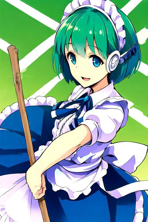 solo_focus, 1girl, (((masterpiece))), ((best quality)), ((ultra-detailed)), high resolution, absurdres, highres, ultra-detailed 8k unity wallpaper,
ruukoto, multi \(to heart\),
solo, 1girl, green_hair, maid_headdress, maid, smile, apron, short_hair, short_sleeves, puffy_short_sleeves, puffy_sleeves, blue_dress, dress, blue_eyes, maid_apron, open_mouth, white_apron, frills, waist_apron, ribbon, hairband, broom, yellow_eyes, :d,