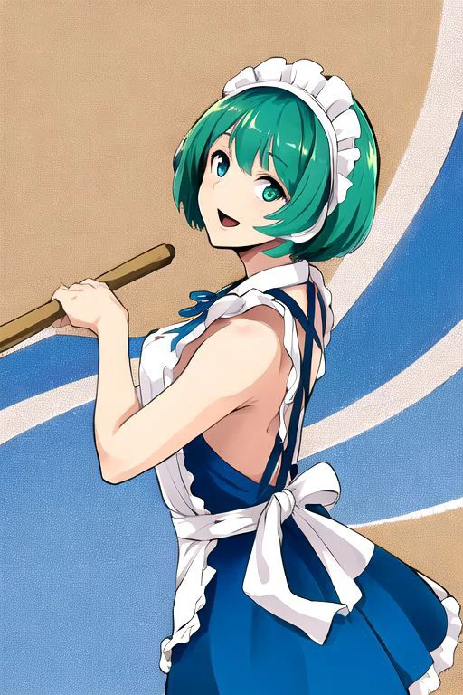solo_focus, 1girl, (((masterpiece))), ((best quality)), ((ultra-detailed)), high resolution, absurdres, highres, ultra-detailed 8k unity wallpaper,
ruukoto, multi \(to heart\),
(naked apron:1.2), hadaka apron, white apron, bare shoulders, (ass focus),
solo, 1girl, green_hair, maid_headdress, maid, smile, apron, short_hair, blue_dress, dress, blue_eyes, open_mouth, white_apron, frills, waist_apron, ribbon, hairband, broom, yellow_eyes, :d, robot_joints,