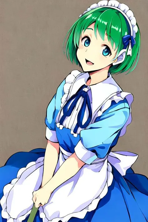 solo_focus, 1girl, (((masterpiece))), ((best quality)), ((ultra-detailed)), high resolution, absurdres, highres, ultra-detailed 8k unity wallpaper, 
ruukoto, multi \(to heart\), 
solo, 1girl, green_hair, maid_headdress, maid, smile, apron, short_hair, short_sleeves, puffy_short_sleeves, puffy_sleeves, blue_dress, dress, blue_eyes, maid_apron, open_mouth, white_apron, frills, waist_apron, ribbon, hairband, broom, yellow_eyes, :d,