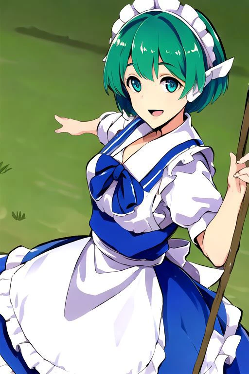 solo_focus, 1girl, (((masterpiece))), ((best quality)), ((ultra-detailed)), high resolution, absurdres, highres, ultra-detailed 8k unity wallpaper,
ruukoto, multi \(to heart\),
solo, 1girl, green_hair, maid_headdress, maid, smile, apron, short_hair, short_sleeves, puffy_short_sleeves, puffy_sleeves, blue_dress, dress, blue_eyes, maid_apron, open_mouth, white_apron, frills, waist_apron, ribbon, hairband, broom, yellow_eyes, :d,