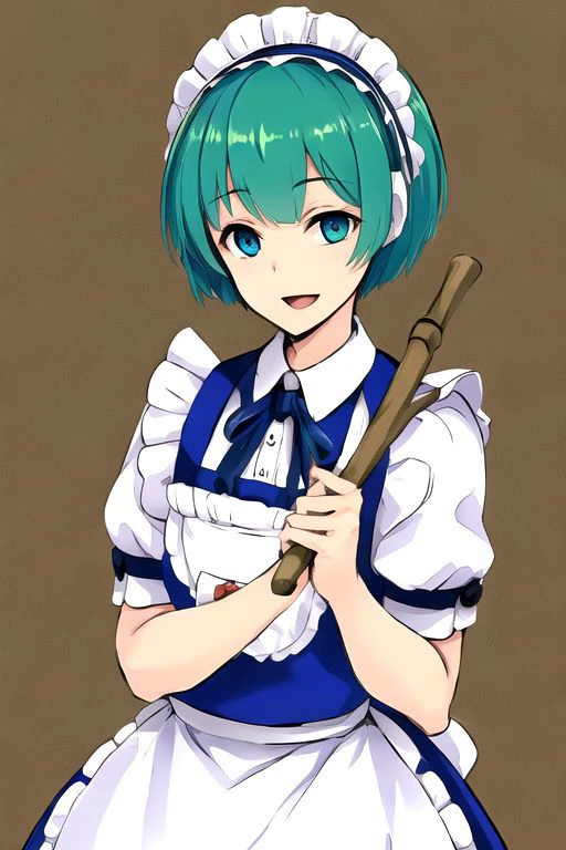 solo_focus, 1girl, (((masterpiece))), ((best quality)), ((ultra-detailed)), high resolution, absurdres, highres, ultra-detailed 8k unity wallpaper,
ruukoto, multi \(to heart\),
solo, 1girl, green_hair, maid_headdress, maid, smile, apron, short_hair, short_sleeves, puffy_short_sleeves, puffy_sleeves, blue_dress, dress, blue_eyes, maid_apron, open_mouth, white_apron, frills, waist_apron, ribbon, hairband, broom, yellow_eyes, :d, robot_joints,