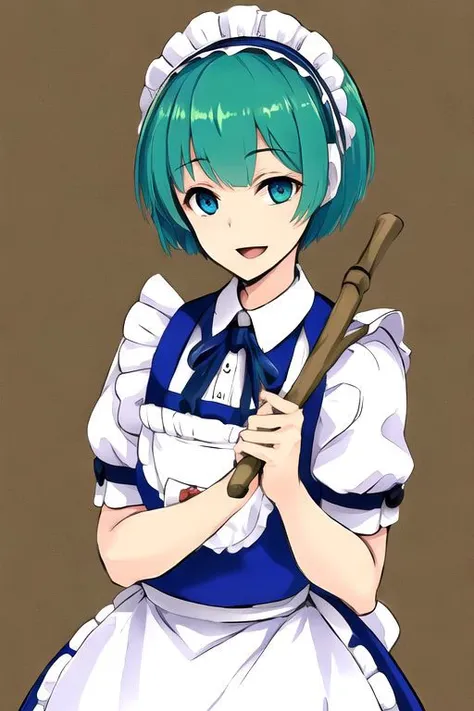 solo_focus, 1girl, (((masterpiece))), ((best quality)), ((ultra-detailed)), high resolution, absurdres, highres, ultra-detailed 8k unity wallpaper, 
ruukoto, multi \(to heart\), 
solo, 1girl, green_hair, maid_headdress, maid, smile, apron, short_hair, short_sleeves, puffy_short_sleeves, puffy_sleeves, blue_dress, dress, blue_eyes, maid_apron, open_mouth, white_apron, frills, waist_apron, ribbon, hairband, broom, yellow_eyes, :d, robot_joints,