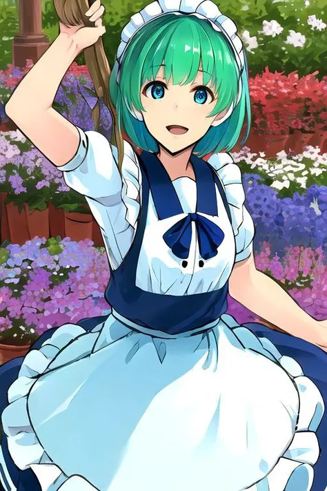 solo_focus, 1girl, (((masterpiece))), ((best quality)), ((ultra-detailed)), high resolution, absurdres, highres, ultra-detailed 8k unity wallpaper, 
ruukoto, multi \(to heart\), 
solo, 1girl, green_hair, maid_headdress, maid, smile, apron, short_hair, short_sleeves, puffy_short_sleeves, puffy_sleeves, blue_dress, dress, blue_eyes, maid_apron, open_mouth, white_apron, frills, waist_apron, ribbon, hairband, broom, yellow_eyes, :d,