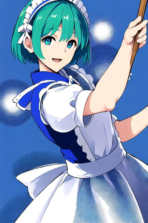 solo_focus, 1girl, (((masterpiece))), ((best quality)), ((ultra-detailed)), high resolution, absurdres, highres, ultra-detailed 8k unity wallpaper,
ruukoto, multi \(to heart\),
solo, 1girl, green_hair, maid_headdress, maid, smile, apron, short_hair, short_sleeves, puffy_short_sleeves, puffy_sleeves, blue_dress, dress, blue_eyes, maid_apron, open_mouth, white_apron, frills, waist_apron, ribbon, hairband, broom, yellow_eyes, :d, robot_joints,