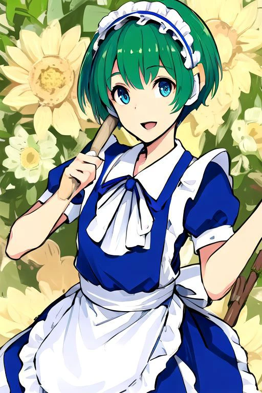 solo_focus, 1girl, (((masterpiece))), ((best quality)), ((ultra-detailed)), high resolution, absurdres, highres, ultra-detailed 8k unity wallpaper,
ruukoto, multi \(to heart\),
solo, 1girl, green_hair, maid_headdress, maid, smile, apron, short_hair, short_sleeves, puffy_short_sleeves, puffy_sleeves, blue_dress, dress, blue_eyes, maid_apron, open_mouth, white_apron, frills, waist_apron, ribbon, hairband, broom, yellow_eyes, :d, robot_joints,