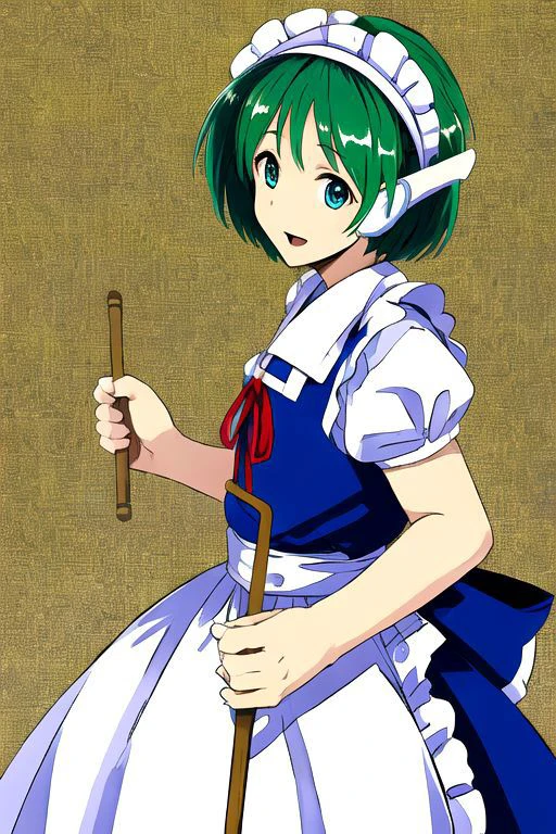 solo_focus, 1girl, (((masterpiece))), ((best quality)), ((ultra-detailed)), high resolution, absurdres, highres, ultra-detailed 8k unity wallpaper,
ruukoto, multi \(to heart\),
solo, 1girl, green_hair, maid_headdress, maid, smile, apron, short_hair, short_sleeves, puffy_short_sleeves, puffy_sleeves, blue_dress, dress, blue_eyes, maid_apron, open_mouth, white_apron, frills, waist_apron, ribbon, hairband, broom, yellow_eyes, :d,